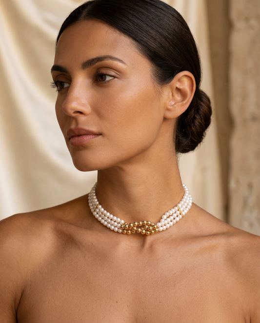Perla d'Oro pearl and gold choker on Mediterranean model, editorial