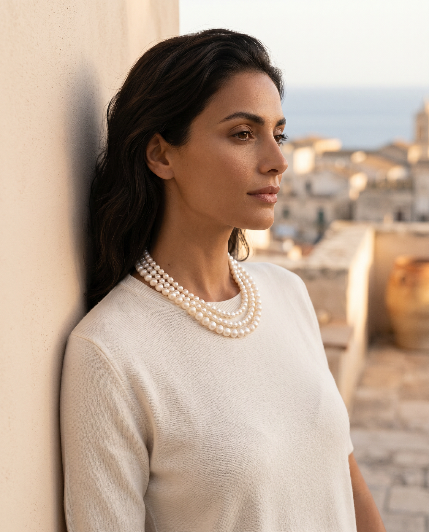 La Marea baroque pearl necklace lifestyle warm Mediterranean
