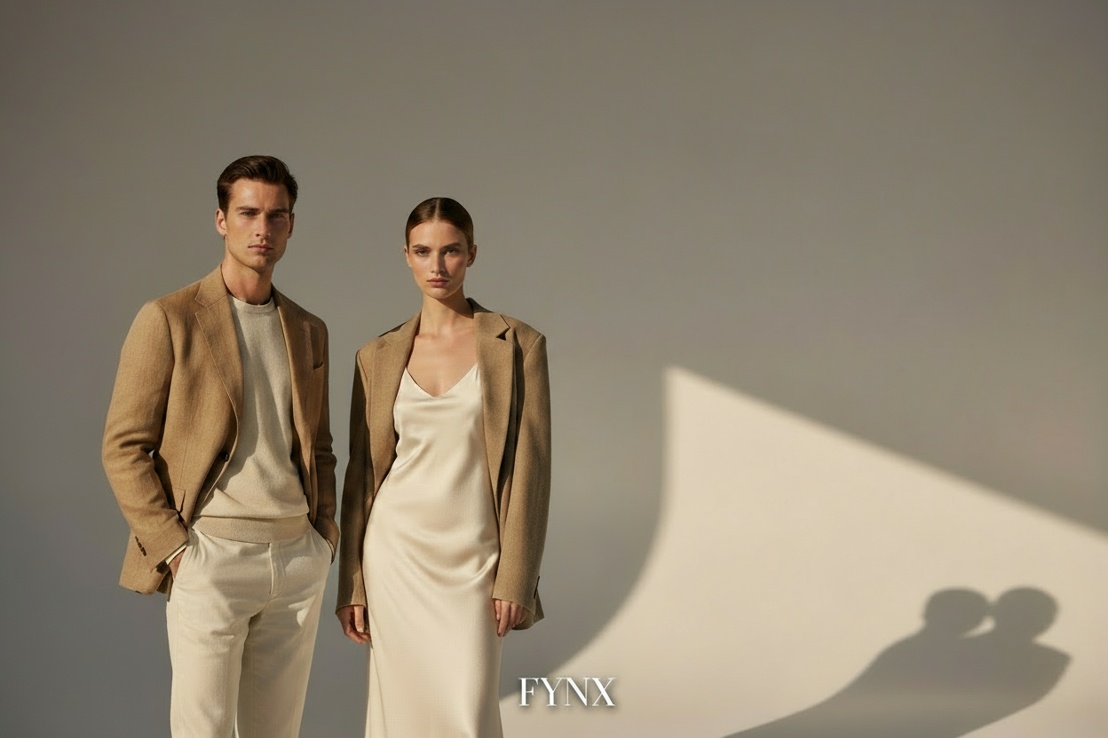 Create a high-end, ultra-realistic fashion homepage banner for the brand FYNX, representing both men’s and women’s clothing in a modern, minimalist Italian style.

Scene & Composition:
• Horizontal format (1920×800) — wide cinematic crop ideal for a homepage hero section.
• Minimal studio or soft daylight background in neutral beige or light grey tones with a smooth gradient.
• A man and a woman standing side-by-side or slightly apart, styled in clean modern outfits that feel premium yet wearable.
• Color p