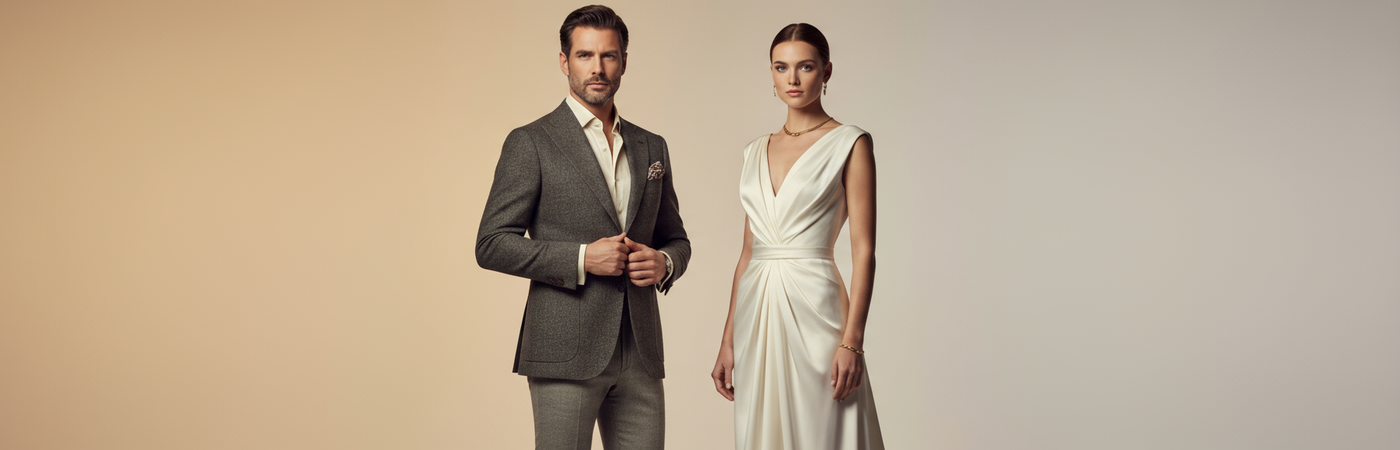 Create an ultra-realistic high-end homepage hero banner for the Italian-inspired fashion brand FYNX, showcasing both men’s and women’s clothing in one elegant composition.

Scene & Composition:
• Horizontal image (1920×800 or wider) — premium cinematic framing suitable for the top banner of a luxury Shopify store.
• Seamless minimalist studio setting in soft beige or warm light-grey, with a smooth gradient and clean reflective floor tone.
• Two elegant Italian models — one man and one woman — standing side 