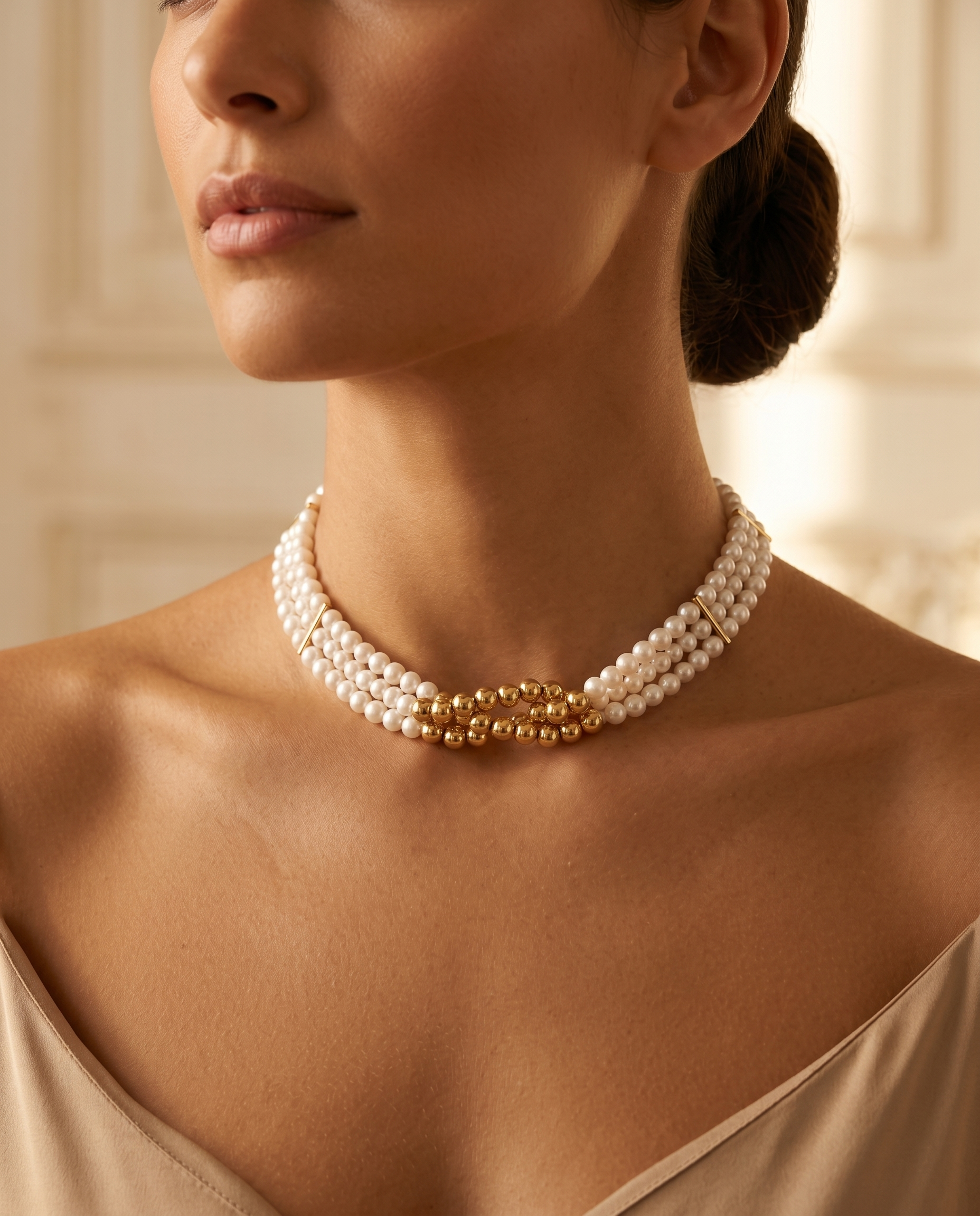 Perla d'Oro pearl and gold choker neck detail on model