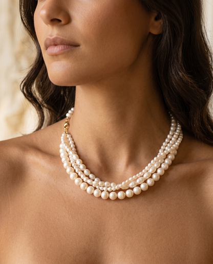 La Marea baroque pearl necklace neck detail on model