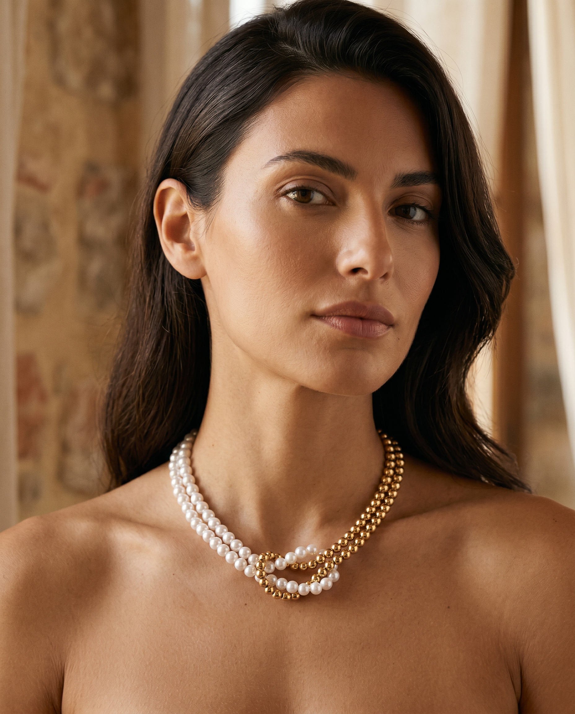 L'Eclisse half pearl half gold necklace neck detail on model
