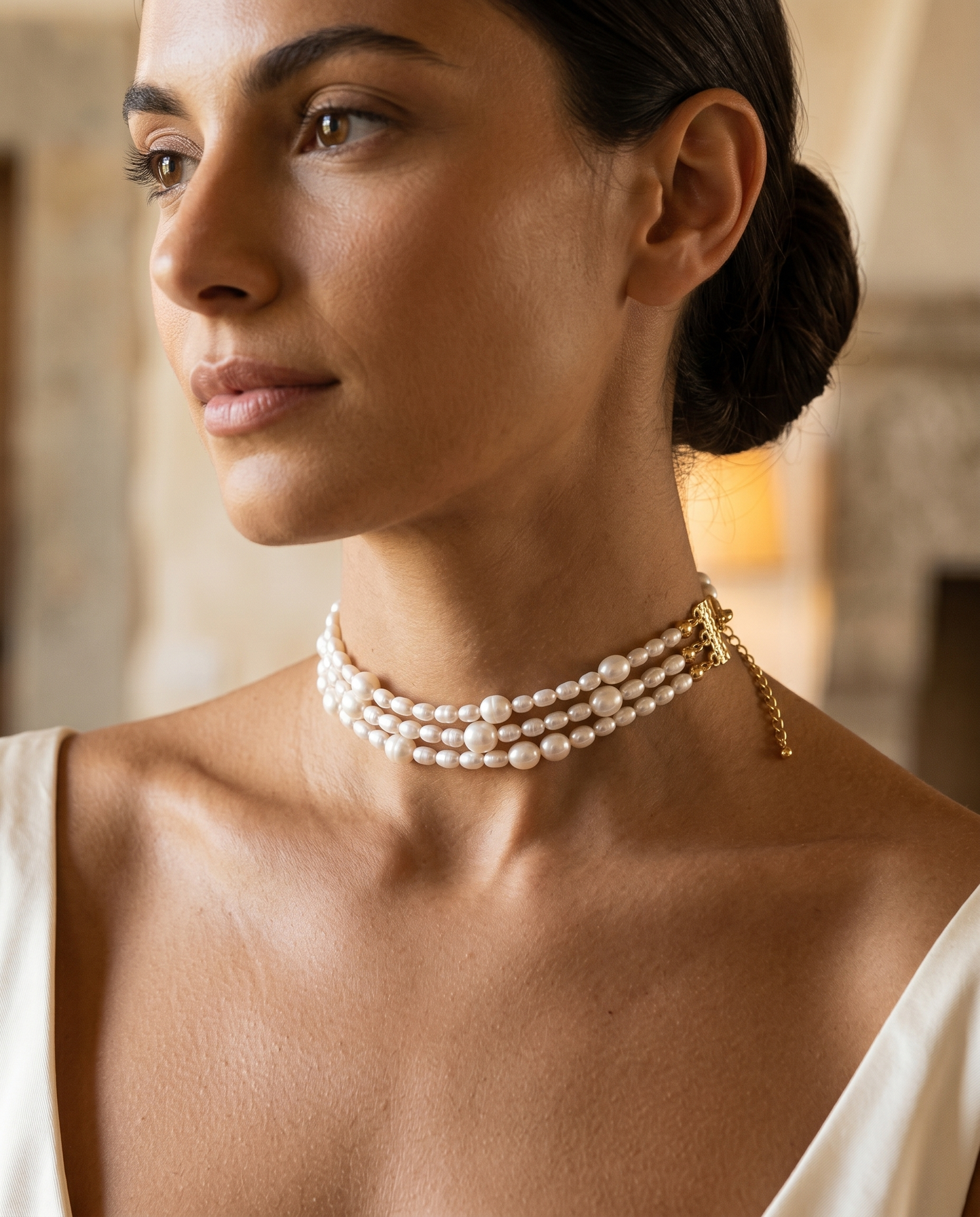 La Rugiada fine pearl choker neck detail on model