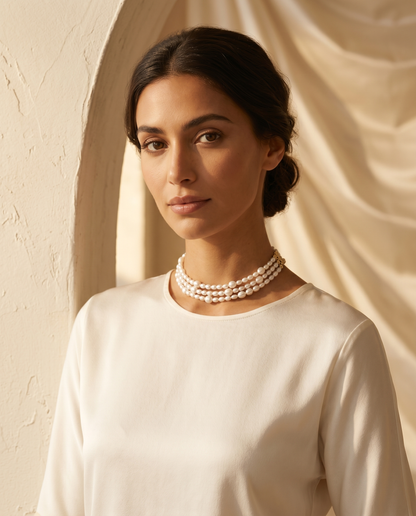 La Rugiada fine pearl choker bridal lifestyle warm light