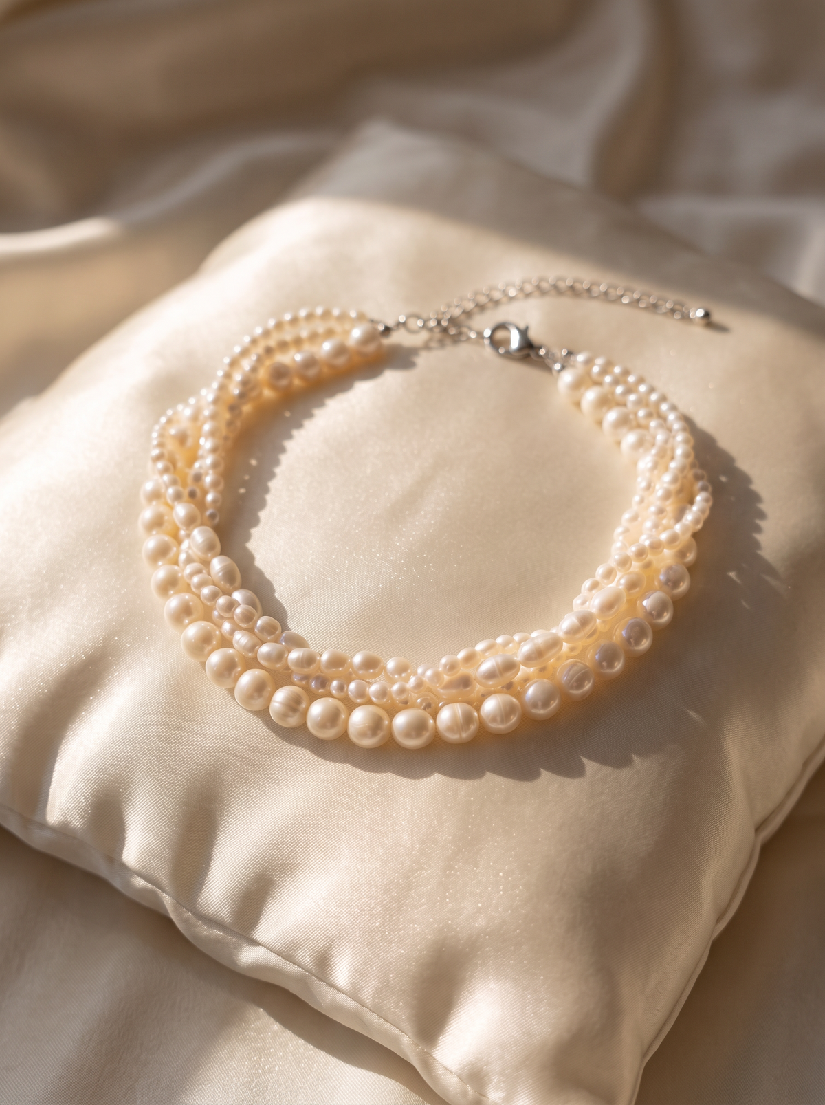 La Marea triple-strand baroque pearl necklace with silver clasp