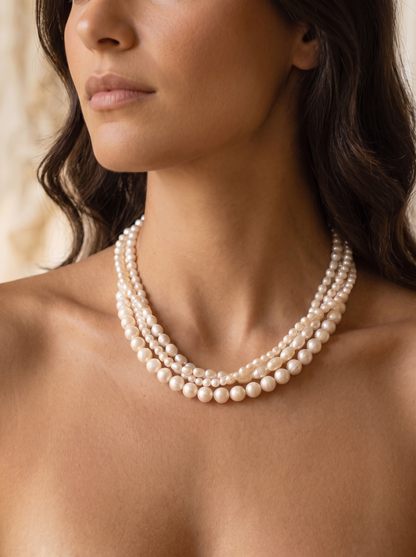 La Marea baroque pearl necklace — neck detail on model, silver clasp at the back