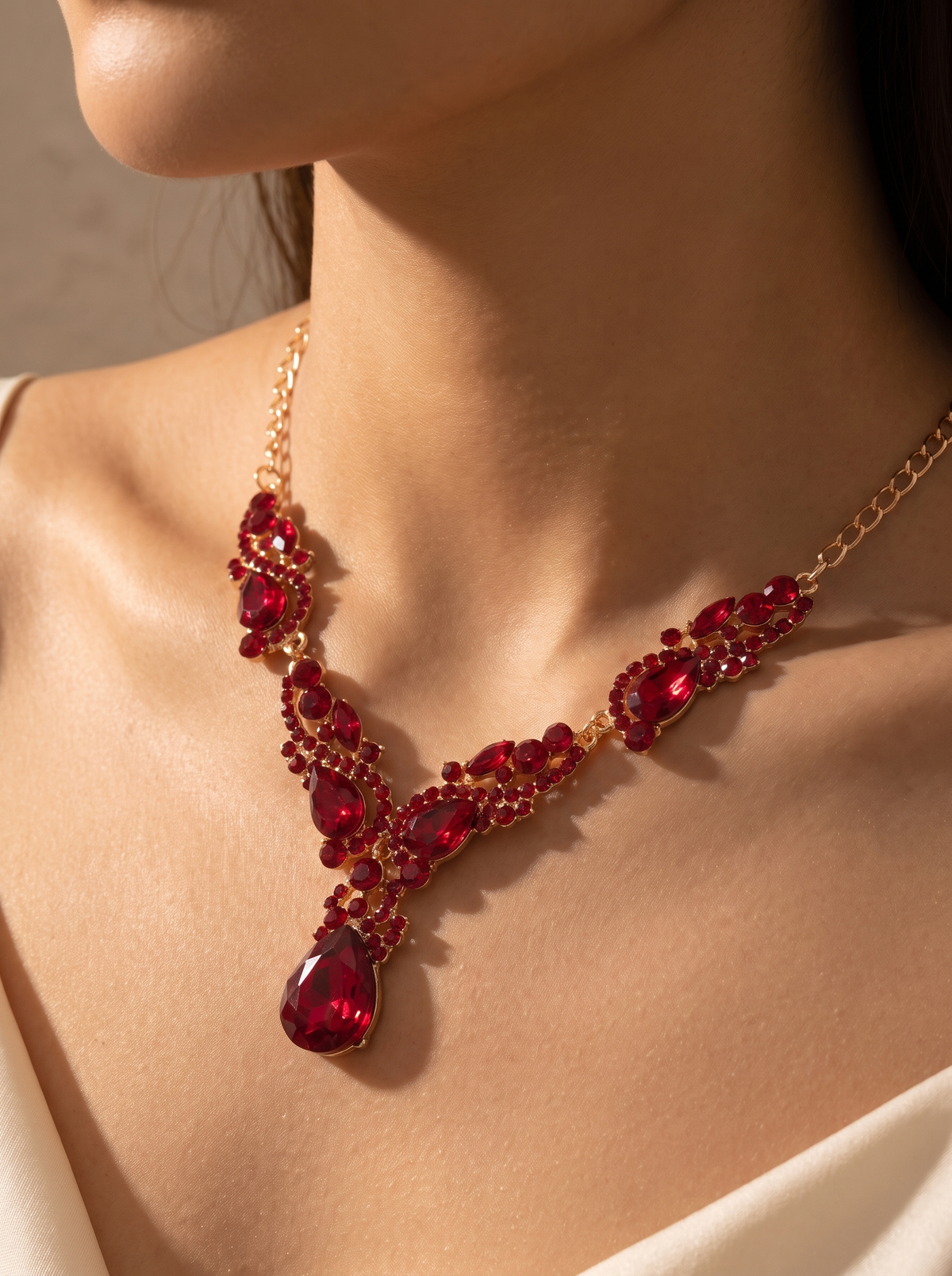 La Fiamma necklace close-up on the collarbone — FYNX