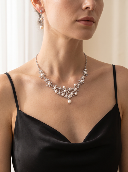 La Neve pearl and crystal necklace set worn by a model — FYNX