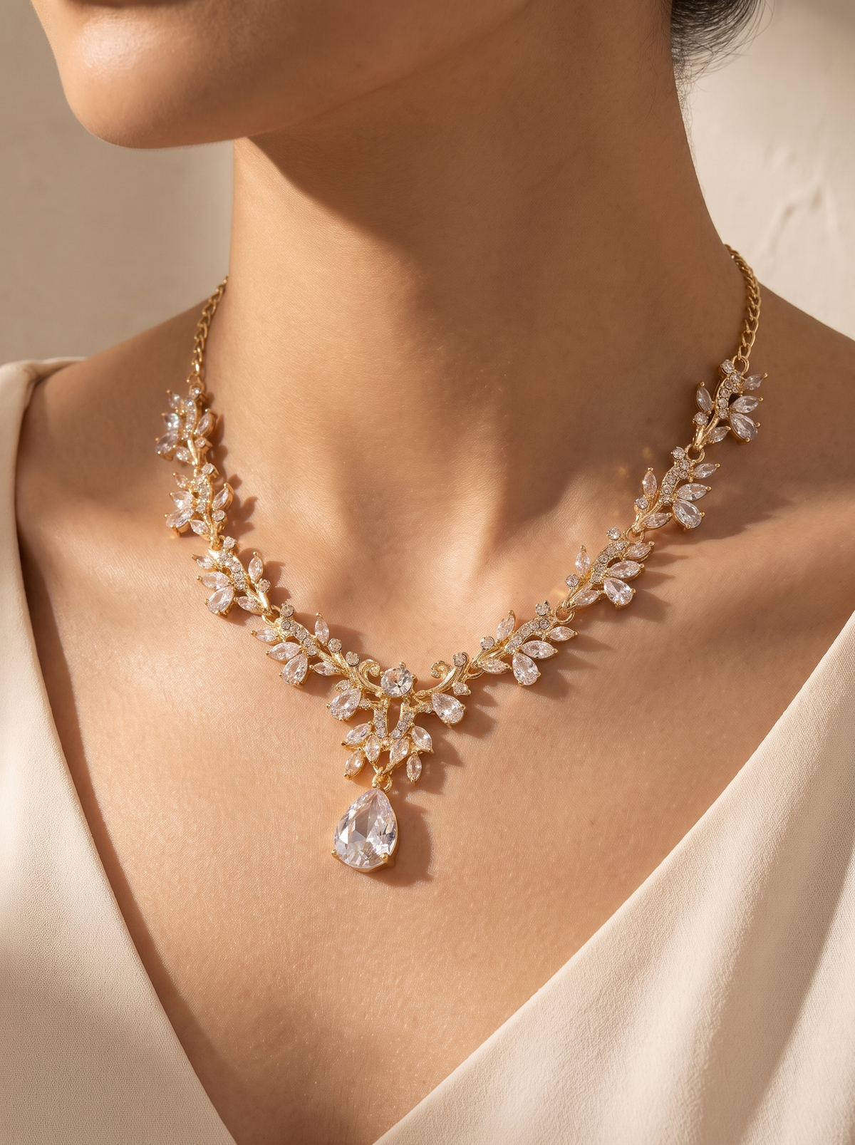 Le Foglie marquise stone necklace close-up on the collarbone — FYNX