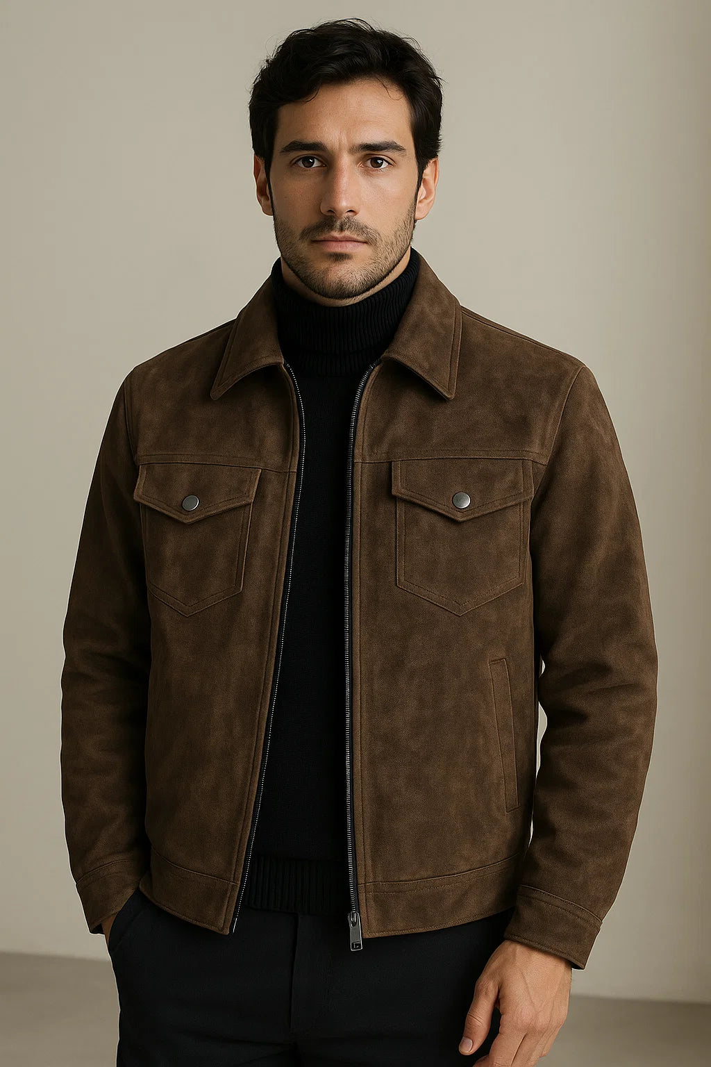 Valtoro Vegan Leather Jacket — zip and pocket detail — FYNX